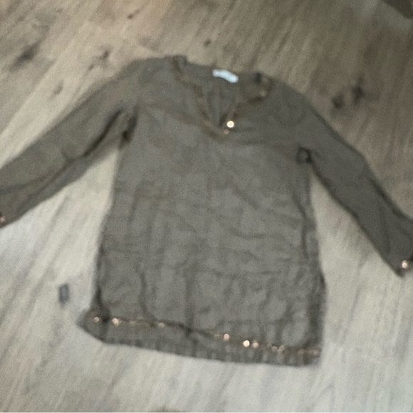 Lulu-B 100% Linen Womens S Blouse Brown Resort Travel Coverup Embellished Sequin - Picture 4 of 14
